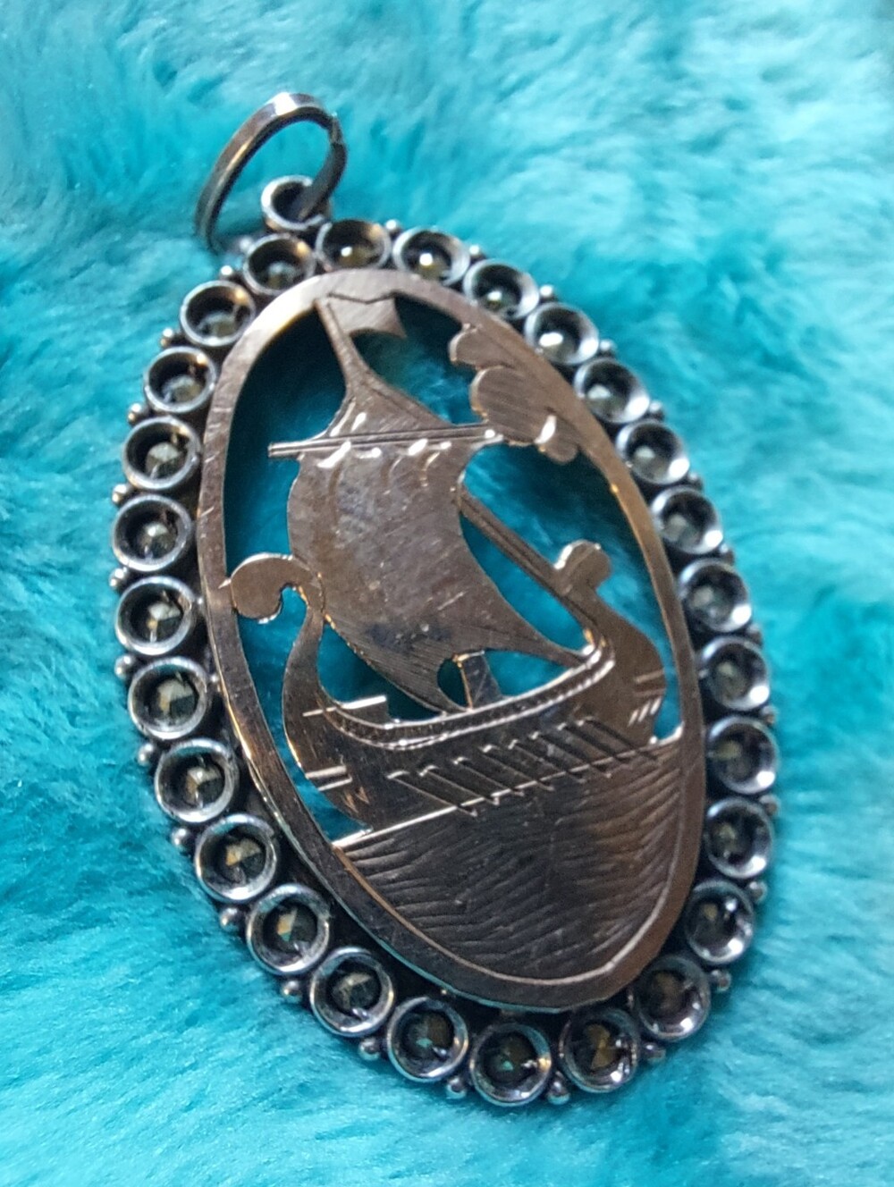 VTG Art Deco Sterling Silver, Marcasite Viking Longship Pendant, Estate Jewelry